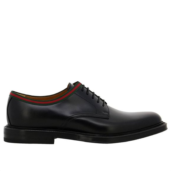 Gucci Men's Web Leather Derby Dress Shoes Black - Picture 1 of 4